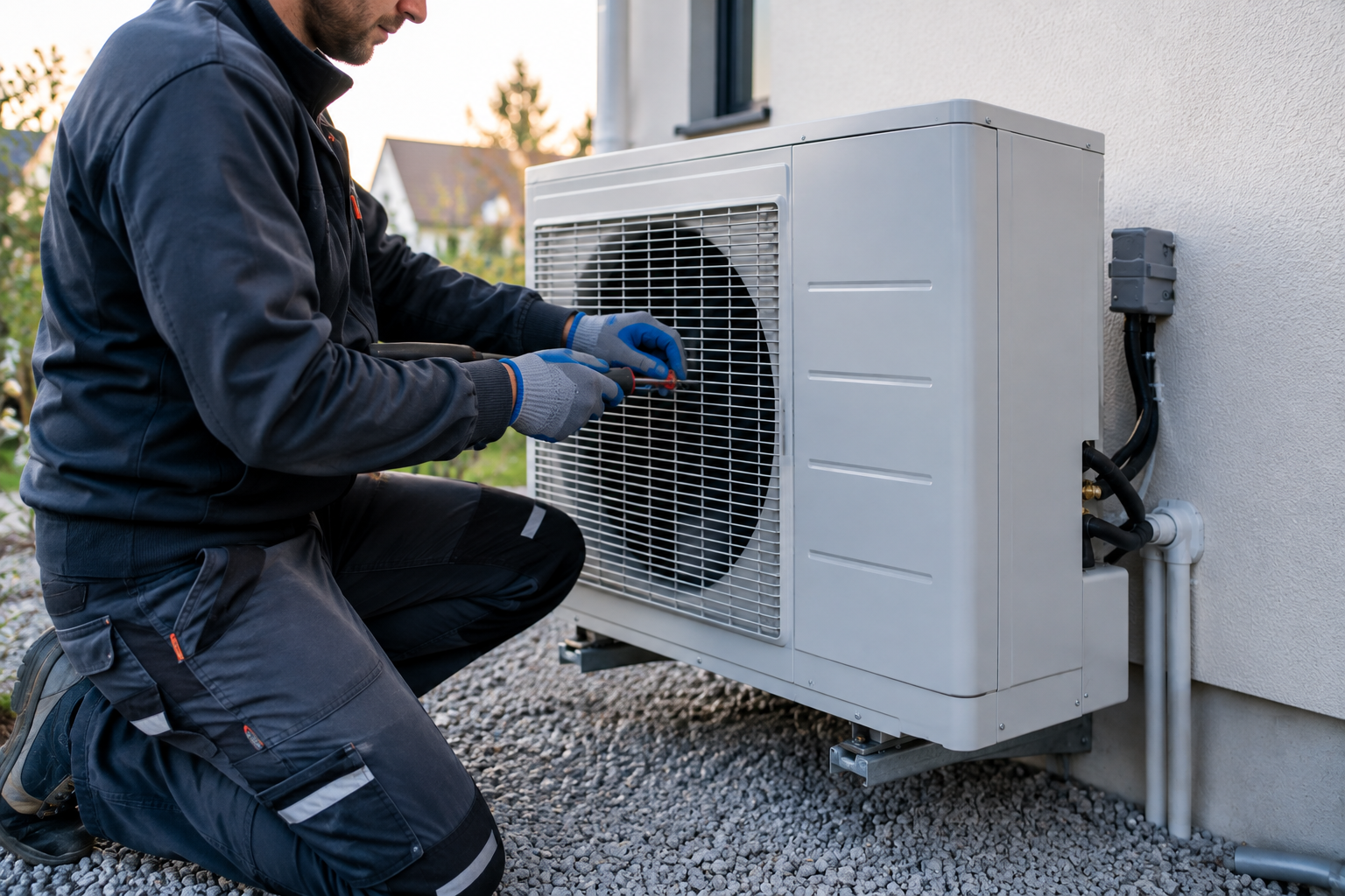Installateur RGE posant une pompe à chaleur air-eau