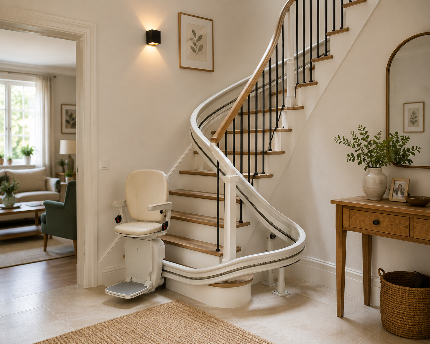 Senior utilisant son monte-escalier à domicile, financé par MaPrimeAdapt'