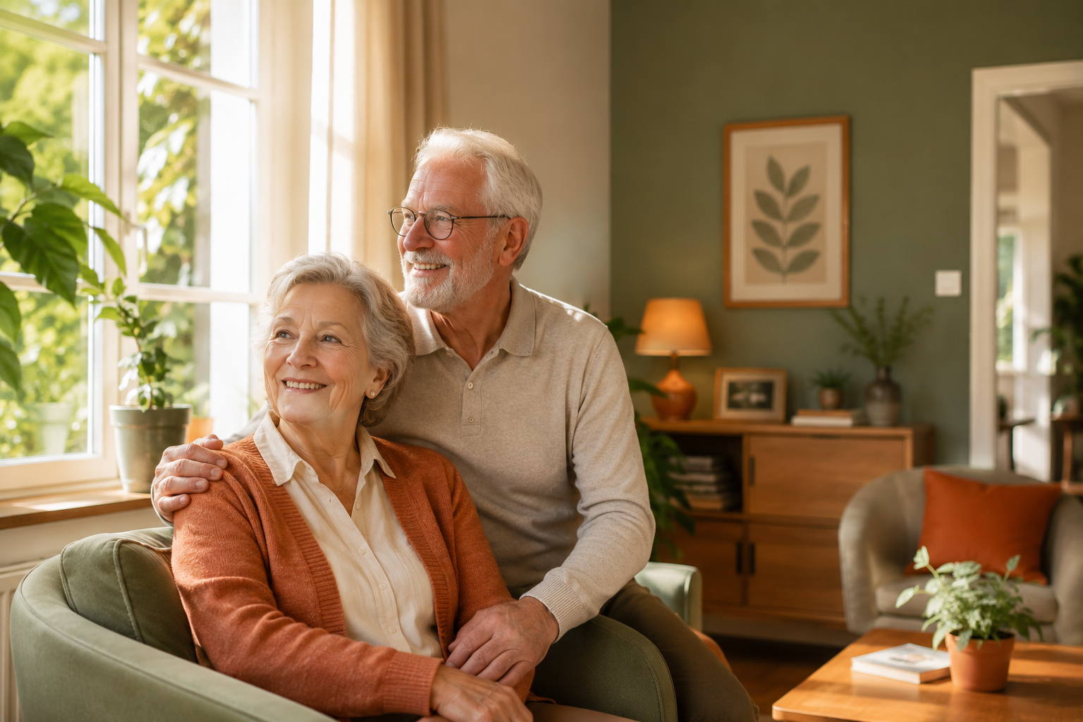 Couple de seniors autonomes et souriants dans leur maison lumineuse adaptée