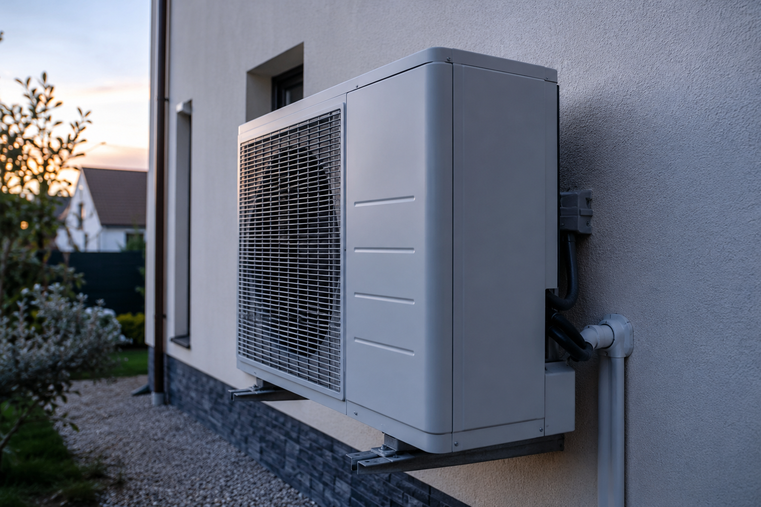 Unité extérieure de pompe à chaleur air-eau installée sur le mur d'une maison